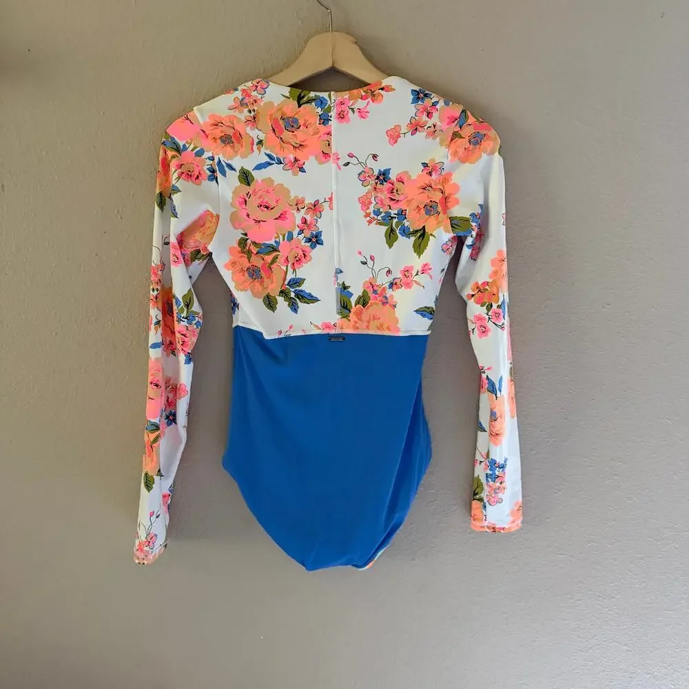 Maaji Floral Long-Sleeve One-Piece Swimsuit in Peach, Blue & White